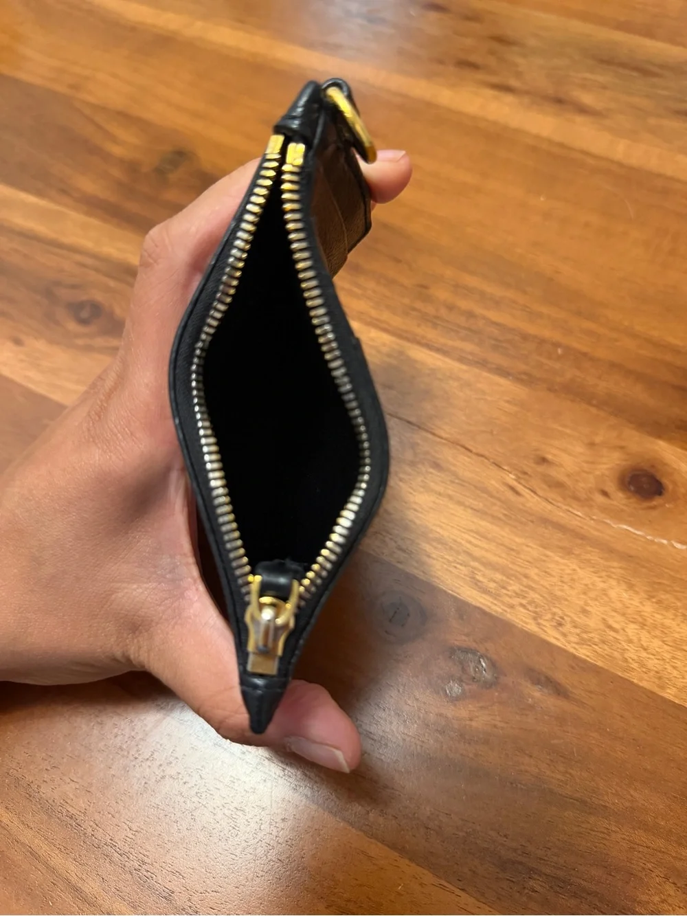 Balenciaga Black Leather Logo Zip Card Pouch with Gold Hardware